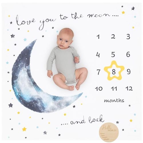Pondering Pine Organic Baby Monthly Milestone Blanket Boy - Love You to The Moon and Back Blanket for Boys, Growth Chart for 1-12 Months Milestones, Gender Neutral, 47”x47”