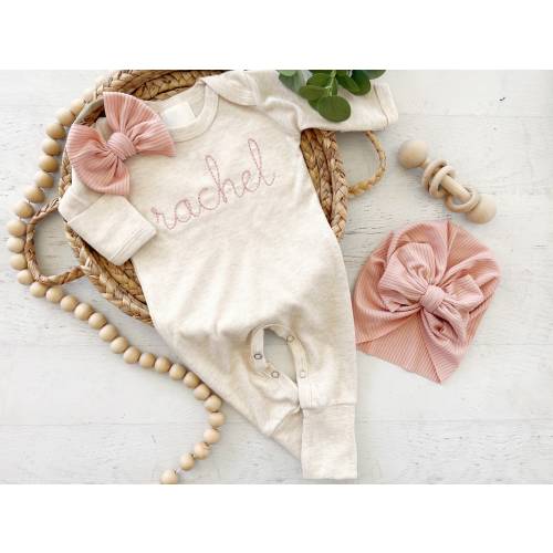 Personalized oatmeal and blush vintage stitch girl romper with bow or turban, custom girl coming home outfit, baby shower gift
