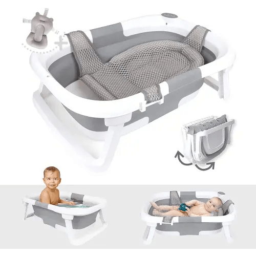 BEBELEH™ Collapsible Baby Bathtub – Bathtub + Baby tub Sling + Newborn Sling – Baby Bathtub Newborn to Toddler 0-24 Months – The Ultimate Travel Baby Bath Tub and Everyday Use! (Gray)