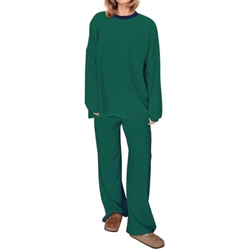 Women Striped 2 Piece Lounge Set Long Sleeve Oversized T Shirts Wide Leg Pants Matching Sets Casual Comfy Pajama Set
