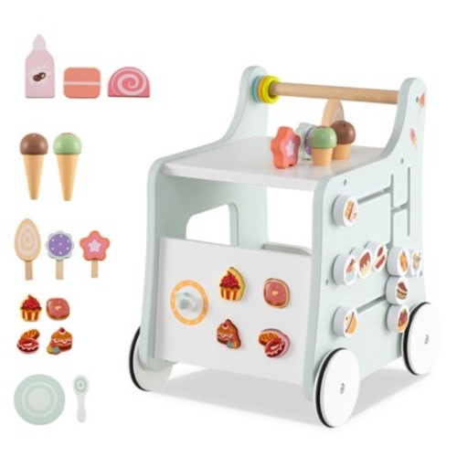 Wooden Baby Push Walker with Pretend Play Ice Cream Shop and Toy Storage