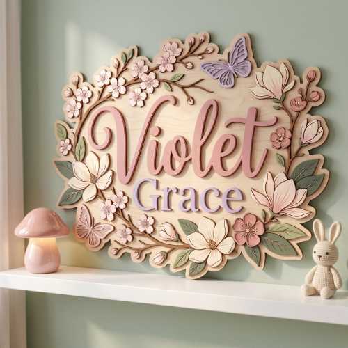 Custom Floral Baby Name Sign, 3D Wood Cherry Blossom Nursery Decor, Personalized Botanical Wall Art, Magnolia Flower Nursery Gift, Wood Sign
