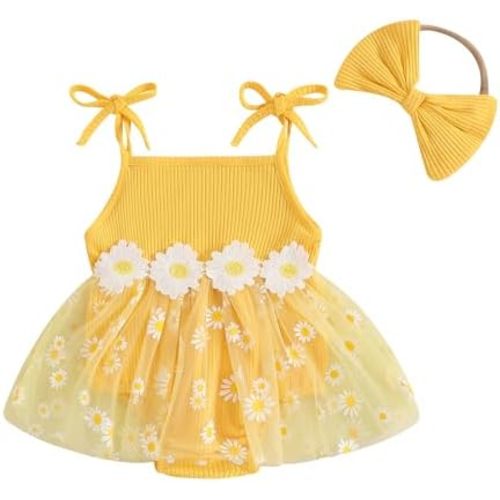 Newborn Yellow Dress Baby 0-3 Infant Girl Outfit Sleeveless Tulle Ribbed Romper Pink Dress with Hairband