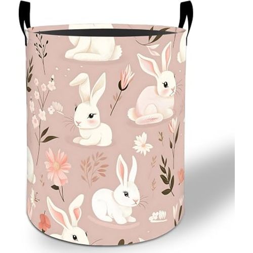 Cute Bunny Laundry Basket Hamper 19.7"x15.8", Pink Rabbit Foldable Waterproof Oxford Clothes Storage Bucket for Room Bathroom Bedroom Nursery Decor, Toy Organizer Bins Gifts for Kids Boys Girls