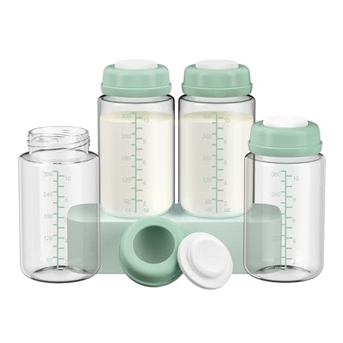 4 Pack 10oz Wide-mouth Breastmilk Storage Bottle for Momcozy 22oz Portable Breast Milk Cooler, Pumping Storage Containers Compatible with Spectra S1/S2/9 Plus/SG/Motif Luna (4PC/Green Lids)