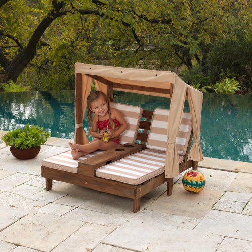 Kids' Wooden Outdoor Double Chaise Lounger with Cup Holders | Wayfair