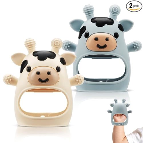 TOHIBEE 2 Packs Baby Teething Toys for 0-6 6-12 Months, Food Grade Silicone Adjustable Cow Teething Mitten, Chew Teether Toys for Teething Pain Relief, Baby and New Born Essentials, Blue & White
