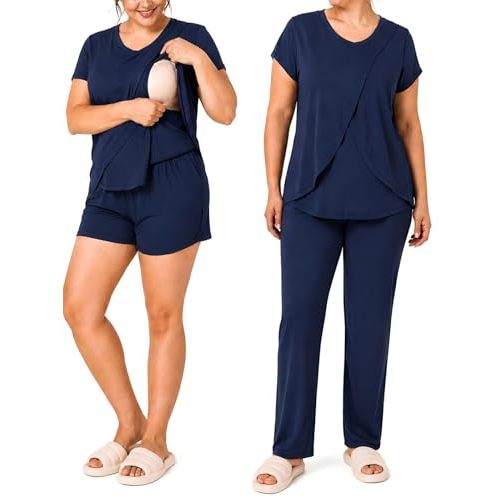 Rnxrbb 3 PCS Women Nursing Pajamas Set Postpartum Maternity Pj with Pockets | Easy Side-Access Breastfeeding Sleepwear Lounge Clothes, Adjustable High-Waist Pants & Shorts for Pregnancy and Postpartum