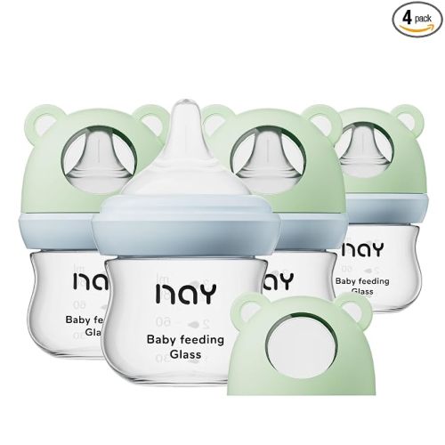 yanyoyo Natural Glass Baby Bottle for Breastfeeding Babies, 3oz Newborn Anti-Colic Baby Bottle with Slow Flow Nipples (SS), Clear, Wide Neck, 4 Pack, 0 Months+