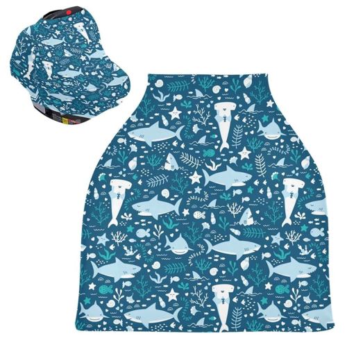 Cute Shark Ocean Baby Car Seat Covers Fish Seashell Green Sea Carseat Canopy Soft Infant Stroller Cover Nursing Breastfeeding Covers for Girls Boys Newborn Fit Summer Spring Autumn