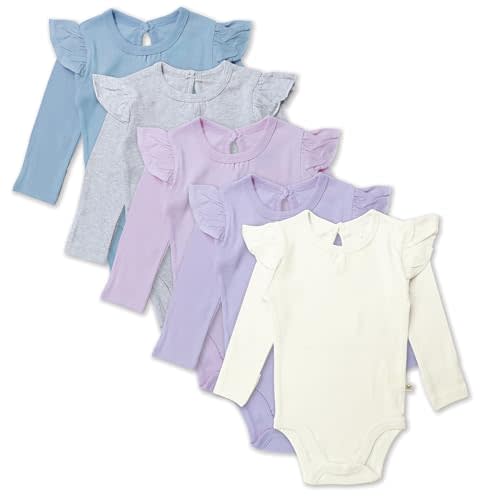 HonestBaby Baby Girls' 5-pack Long Sleeve Ruffle Shoulder Bodysuits 100% Organic Cotton for Infant Baby Girls