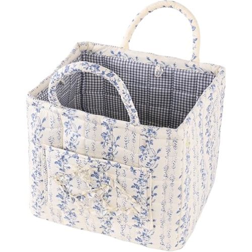 Quilted Fabric Car Storage Basket with Handles & Pocket, Foldable Laundry Hamper Boho Floral Print Organizer Bin for Home, Picnic, Office Nursery Cloth Toy 12"x10"x10" (Style E)