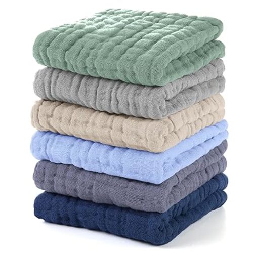 Muslin Burp Cloths Baby 12''X12'', Baby Washcloths 6 Pack, 100% Cotton Baby Wash Cloths Absorbent and Soft for Newborn Infants Kids Boys Girls - Multicolor