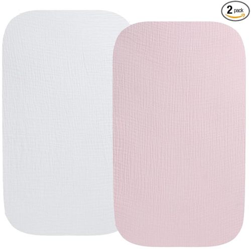 Muslin Bassinet Sheet Compatible with Baby Delight Beside Me Dreamer Bassinet, 2 Pack Cotton Stylish Boho Fitted Bassinet Sheets Super Soft for Baby White & Pink