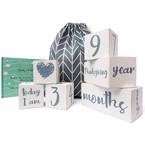 Baby Milestone Blocks - USA Certified Non Toxic Age Blocks for Baby Pictures - All 52 Weeks - Eco Friendly Natural Wood Newborn Gift for Baby Boy or Girl - Monthly Milestone Blocks for Photos - Gray Font on White Base