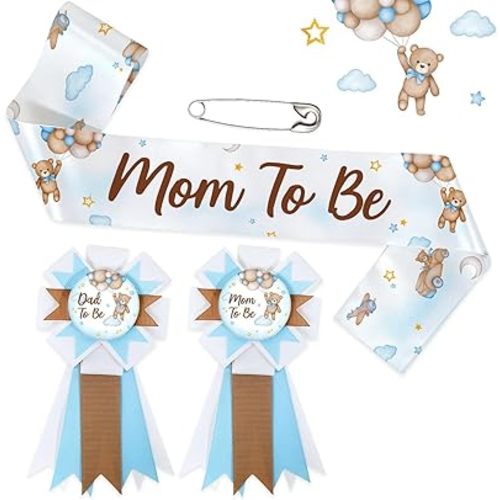 We Can Bearly Wait Baby Shower Decorations Mom to Be Sash Dad to Be Set, Blue Teddy Bear Mommy to Be Sash Baby Shower Gift for Parents to Be