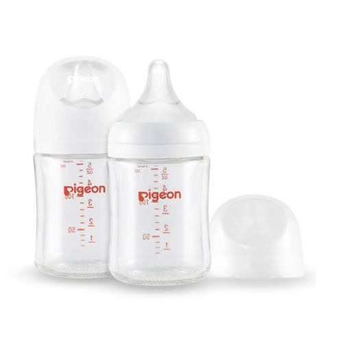 Pigeon Glass Nursing Bottle Wide Neck, Anti-Colic, Streamlined Body, Natural Feel, Easy to Clean, Heat-Resistant, 5.4 Oz(Pack of 2), Includes 2pcs SS Nipples (0m+)