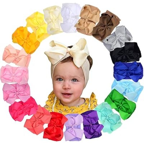 20 Pcs Baby Girls Headband With 6 inches Hair Bow, Soft Nylon Hairbands Cute Big Bow Super Elastic Headband For Baby Girls Newborn Infant Toddlers (20 Pcs Full Colors, Large)