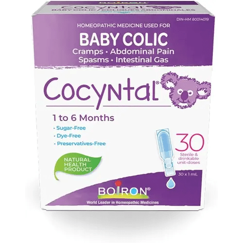 Boiron Cocyntal 30 unit-doses used for the relief of baby colic: abdominal pain, cramps, spasms and intestinal gas. Age: 1 to 6 months.
