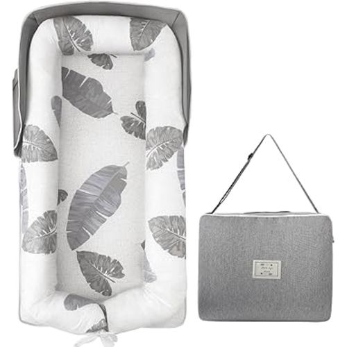 Portable Baby Lounger - Foldable Infant Lounge with Adjustable U-Shaped Bumper & Storage Bag, Breathable Cotton Snug Spot for Supervised Rest & Play at Home or On The Go,Gray Leaf