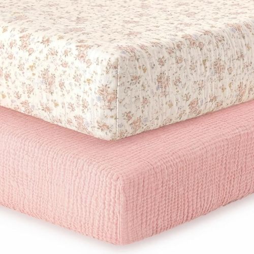 2 Pack Muslin Crib Sheets for Girl - 52” x 28”, Dusty Pink & Floral | Fitted Baby Crib Sheets for Standard Toddler Crib Mattress - Soft Breathable Cotton Baby Bed Sheets