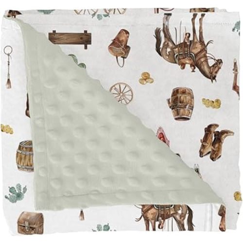 Western Cowboy Baby Blankets for Girl Boy Cowboys Horse Boots Hats Golds Cactus Soft Mink Dotted Backing Double Layer Swaddle Blanket Wild West Cowboy Life Bed Throws for Newborn Toddler Nursery 30x40