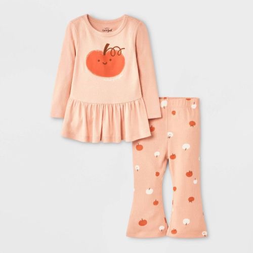 Baby Girls' 2pc Halloween Pumpkin Peplum Flared Leggings Set - Cat & Jack™ Peach Orange