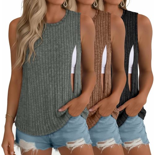 3 Pack Women's Nursing Tank Tops for Breastfeeding Hidden Zip Ribbed Sleeveless Maternity Loose Postpartum Sweater