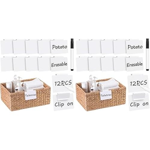 Utron 12pcs White Basket Labels, 3.5x2.7 Clip On PVC Labels with Pen for Storage Bins, Removable Label Holders, Regular (Pack of 2)