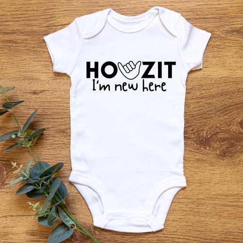 Howzit I'm New Here Hawaii Baby Onesie Shaka Design