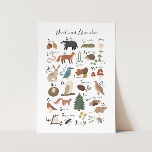 Woodland Alphabet print in white, alphabet poster, abc print, nursery art, perfect baby gift or nursery decor