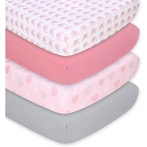 The Peanutshell Baby Crib Sheets 4-Pack for Girl - Soft, Oval & Fitted Baby Girls Crib Sheet, Rectangle, Fitted Covers, Halo Mattress - Pink Elephant