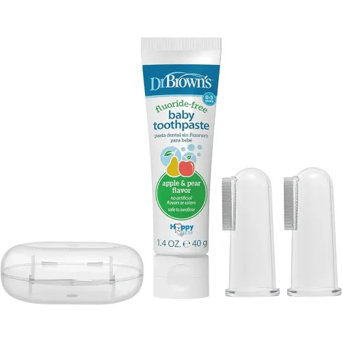 Dr. Brown's 100% Silicone Baby Finger Toothbrush and Toothpaste Set, 2-Pack Toothbrush with Storage Case, Fluoride-Free Apple Pear Toddler Toothpaste