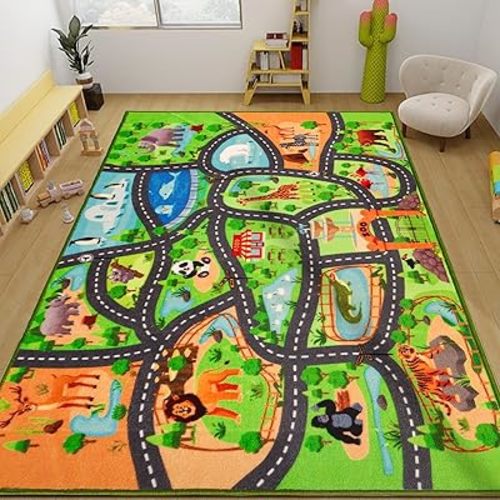 Kids Rug Playmat, 78.7"X59" Animal Zoo Road Map for Toy Cars, Non-Slip Carpet for Playroom Bedroom Boys, Play Mat Track for Kids