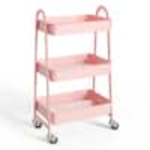 Tileon 3-Tier Small Rolling Cart, Metal Utility Storage Organizer Kitchen Trolley Bathroom Laundry Room Bar Shelves in Pink WYHDRA775