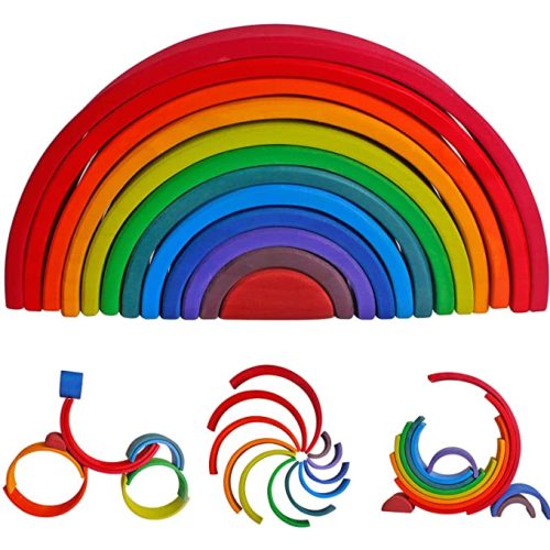 Dinhon Wooden Rainbow Stacking Toys, 12 Pcs Wood Building Blocks Set Wooden Building Blocks Nesting Puzzles, Early Matching Educational Learning Montessori Toys for Kids 3 4 5 6 Years and Up