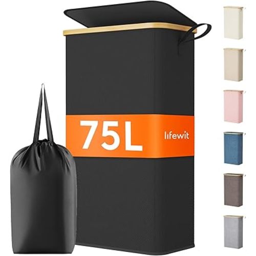 Lifewit 75L Slim Laundry Hamper with Lid, Narrow Laundry Basket with Removable Bag & Bamboo Handles, Fodable Thin Dirty Clothes Hamper for Laundry Collapsible Bin for Bathroom Bedroom Dorm, Black