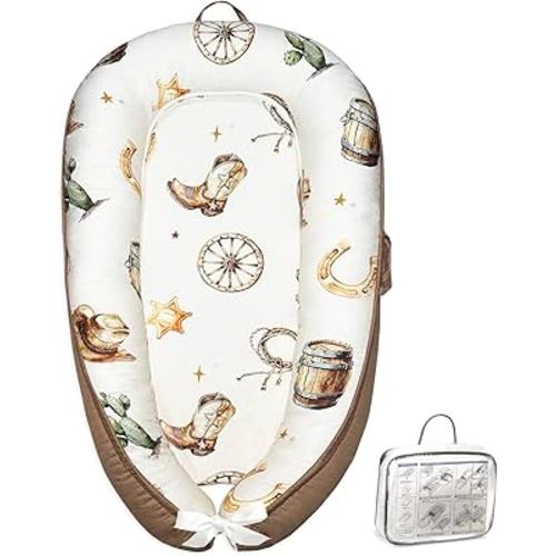 Baby Lounger for Newborn Portable Soft Cotton Infant Nest for 0–24 Months Western Baby Lounger Pillow Cowboy Country Baby Essentials for Tummy Time Home and Travel