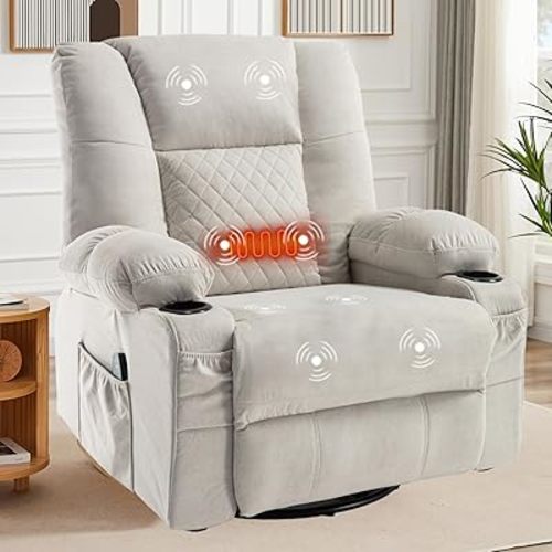 Rocker Recliner Chair with Heat and Massage, Wide Seat Overstuffed Fabric Reclining Chair for Living Room, Nursery Glider Rocking Chair Swivel Recliner with Cup Holder, White