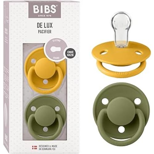 BIBS De Lux Baby Pacifier 2-Pack | Made in Denmark | BPA Free Dummy Soother, Round Nipple. Silicone, OneSize (0-36 Months), Honey Bee/Olive