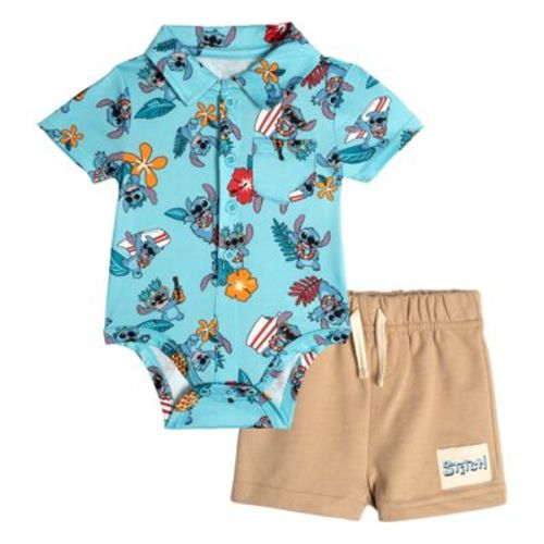 6-9M Disney Lilo & Stitch Baby Boys' Button Front Hawaiian Print Creeper and French Terry Shorts Outfit Blue Khaki