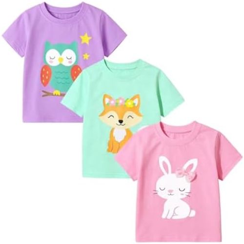 HILEELANG Toddler Girls Graphic T Shirts 3 Pack 100% Cotton Cute Spring Summer Short Sleeve Tees Soft Breathable Tops 2-7T