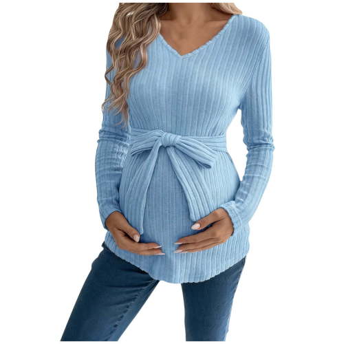 Fnooota Maternity Long Sleeve Tops, Knitted V Neck Casual Slim Fit Pregnancy Clothes Blue Size S