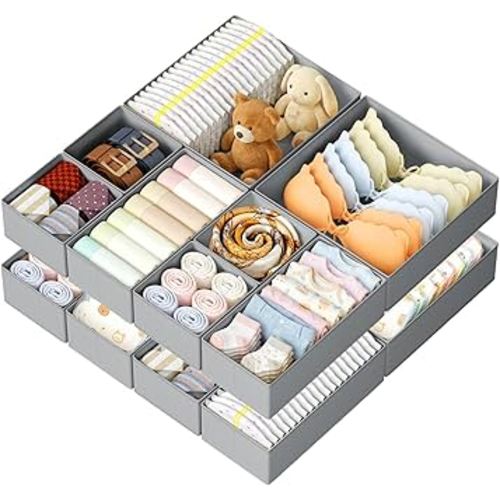 DIMJ Drawer Organizer Clothes, 12 Pack Dresser Organizer, Foldable Closet Organization and Storage Dividers, Fabric Dresser Drawer Organizers for Underwears, Nursery, Baby Clothes, Socks, Tie (Grey)