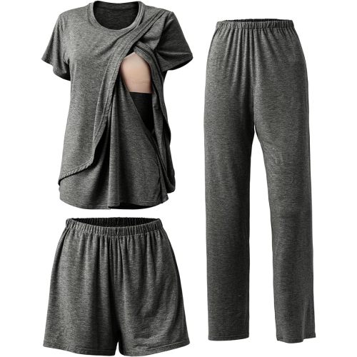Rnxrbb 3 Piece Postpartum Nursing Pajamas Set Casual Soft Maternity Breastfeeding Pjs Sleepwear Loungewear Clothes Layer