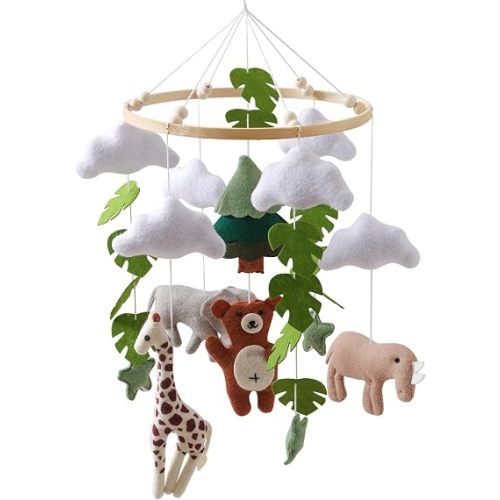 Moyii Baby Crib Mobile for Nursery - Handmade Felt Safari Animals Hanging Mobile - Bear Zebra Elephant Rhino Ceiling Decor for Boys Girls - Forest Jungle - Newborn Baby Shower Gift