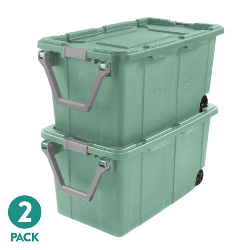 Sterilite Extra-Large Wheeled Industrial Storage Bin, 40 Gallon Durable Plastic Storage Tote with Latching Lid and Pull Handle, Green, 2 Pack