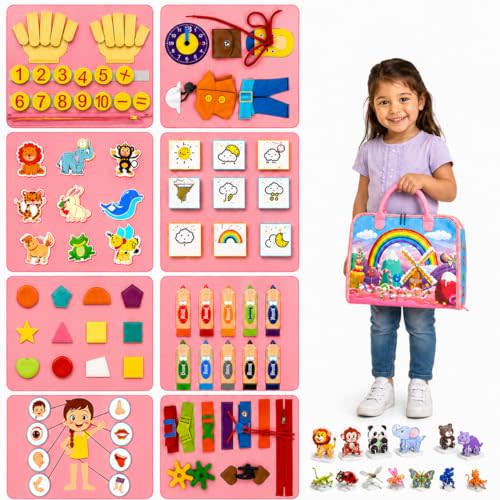 Solens Busy Book for Toddlers, Montessori Busy Board with 25+ Activities on 8 Pages and 3D Assorted Puzzles, Felt Activity Book with Numbers, Colors, Daily Life and Fine Motor Learning, Pink