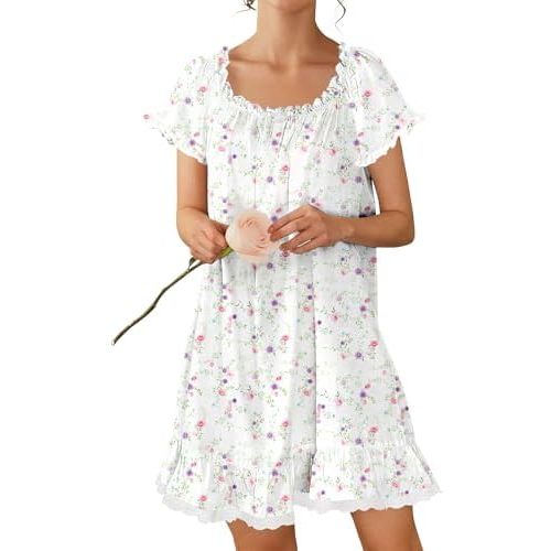Ekouaer Cotton Nightgowns for Women Vintage Victorian Night Gowns Short Sleeve Sleep Shirts Lace Sleep Dress Soft Sleepwear