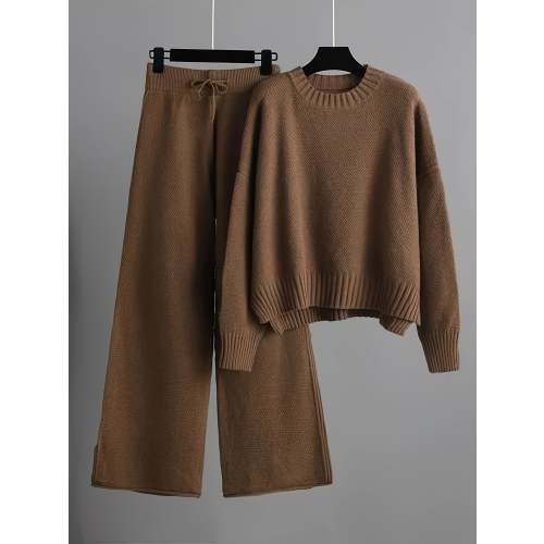 Women's Knit Sweater and Wide-Leg Pants Set Round Neck Long Sleeve Drawstring Casual